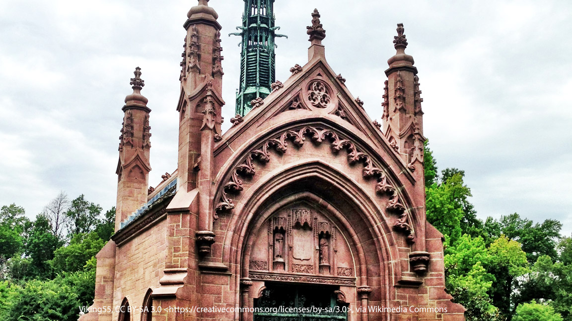 Photograph of the Busch Mausoleum at Bellefontaine Cemetery, highlighting its grand stone architecture and detailed design